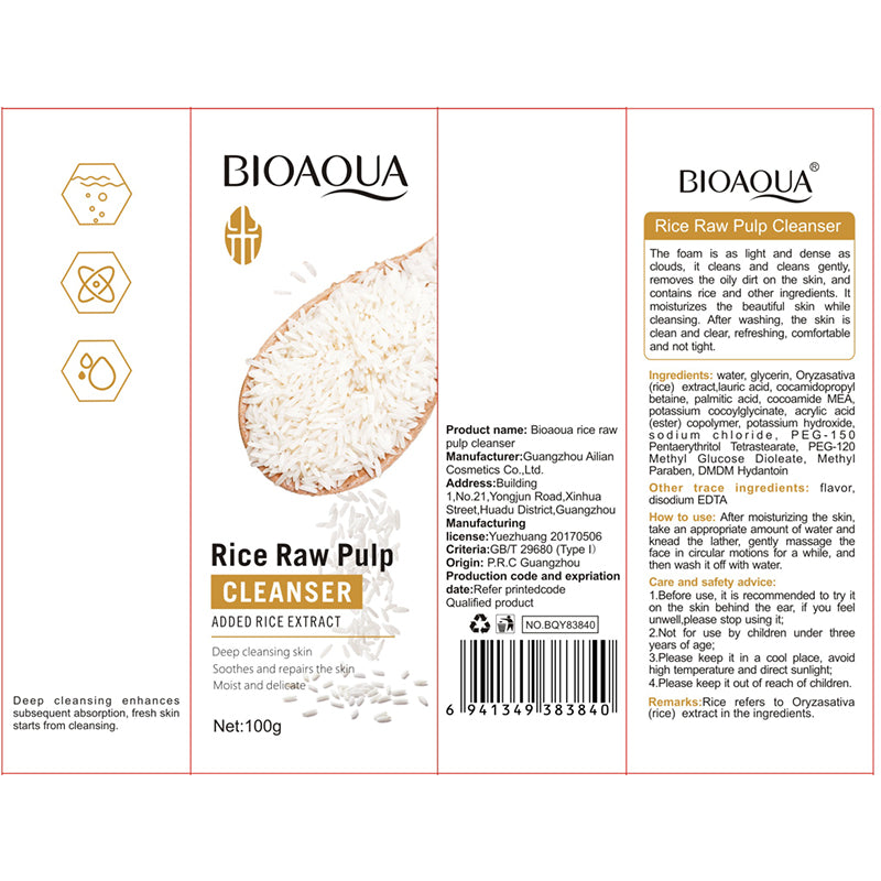Bioaqua Rice Puree Cleanser – Limpiador Facial Profundo Hidratante y Rejuvenecedor con Extracto de Arroz