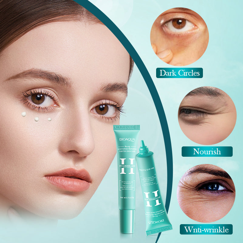 Cosmetic product with packaging and close-up of eye area showing dark circles, nourishment, and wrinkle reduction.