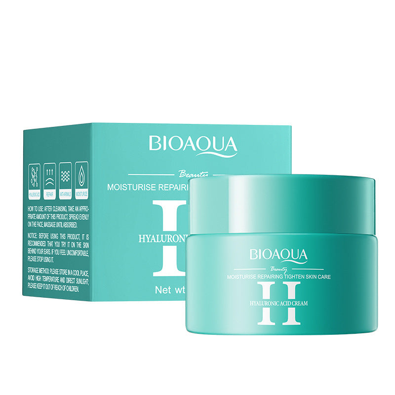 Bioaqua hyaluronic acid cream and packaging on a white background
