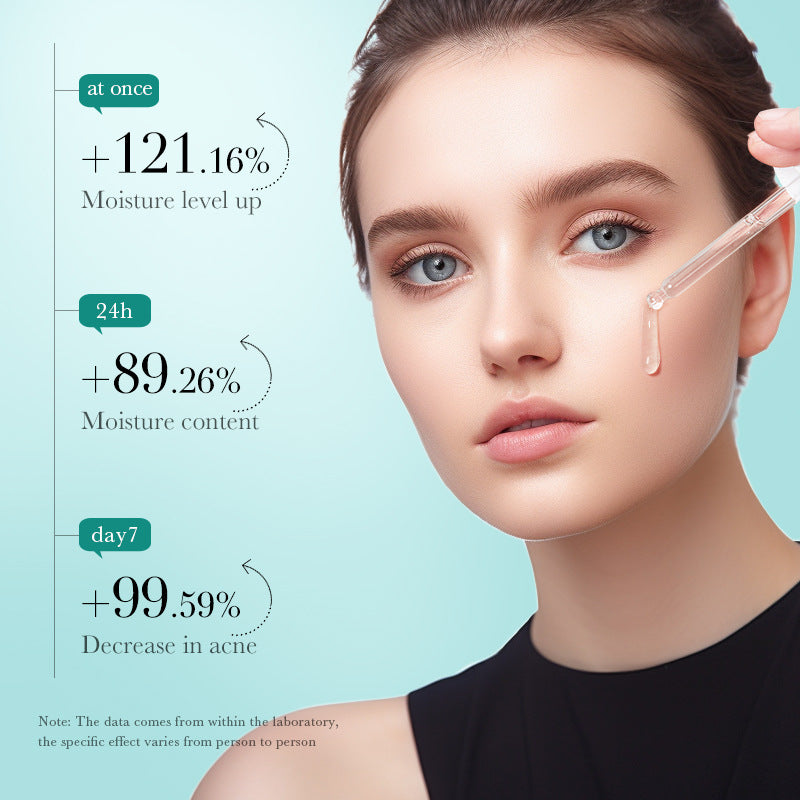 Woman applying skincare product with text on moisture levels and acne reduction.
