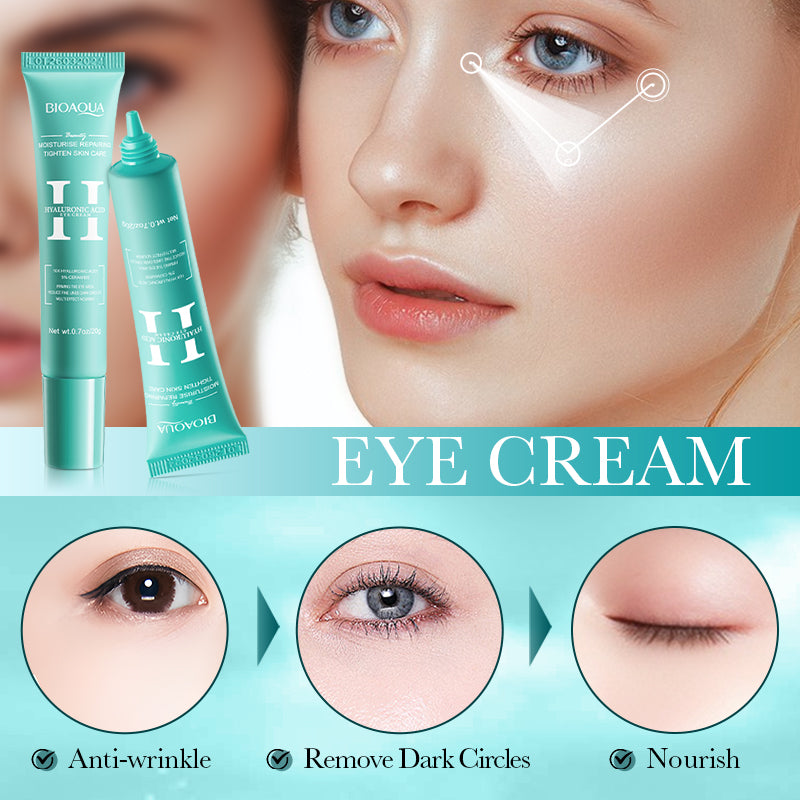 Eye cream packaging with a close-up of a woman's face and before-and-after effects on skin.