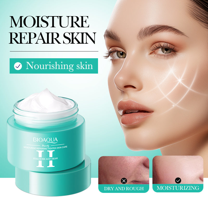 Bioaqua moisture repair skin cream with a woman's face and before/after comparison on a light blue background