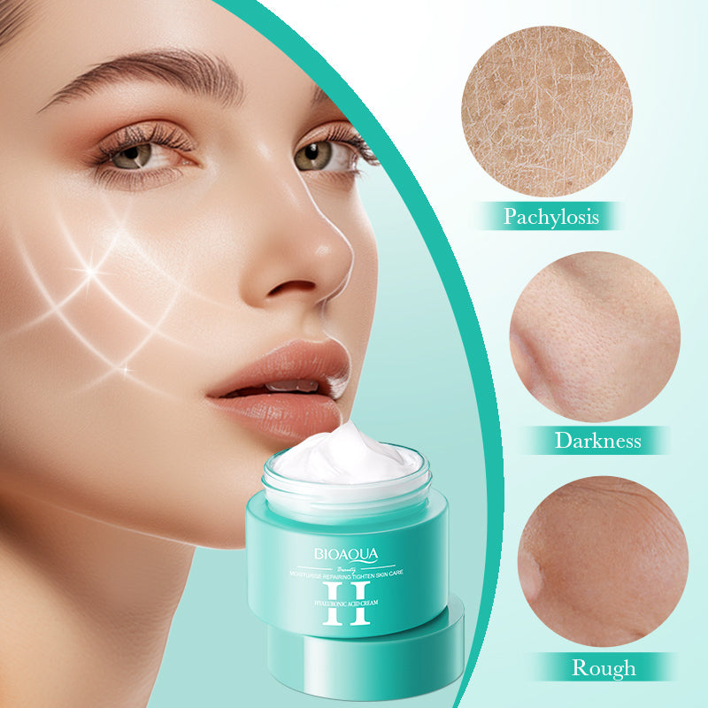 Bioaqua cream jar with a woman's face and skin texture illustrations on a light green background