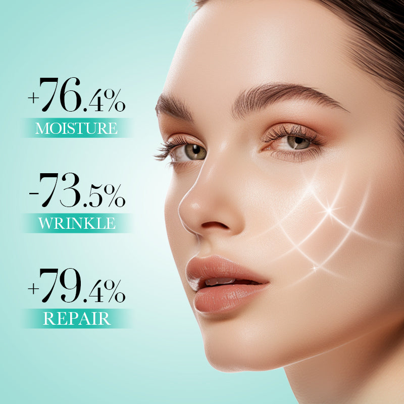 Woman's face with skincare benefits displayed on a light blue background