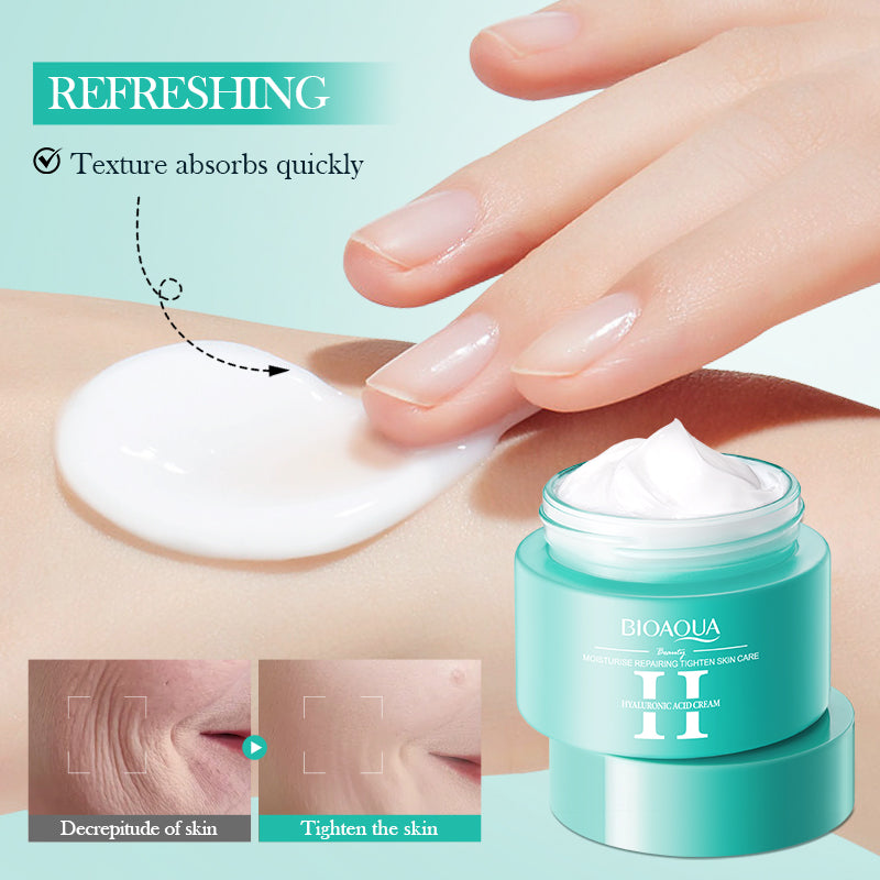 C BIOAQUA skincare cream jar with hand applying cream and before-and-after effects on skin.