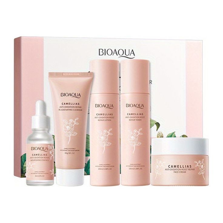 Kit Bioaqua Camelias 5 en 1 – Hidratación, Reparación y Luminosidad Facial para Piel Sensible con Extracto de Flor de Camelia