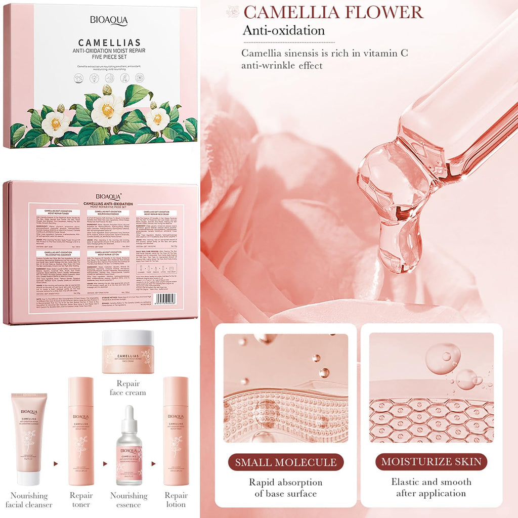 Kit Bioaqua Camelias 5 en 1 – Hidratación, Reparación y Luminosidad Facial para Piel Sensible con Extracto de Flor de Camelia